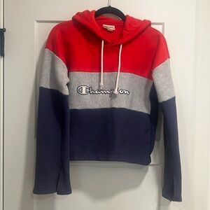 Champion Reverse Weave Hoodie Sweatshirt Color Block Cropped, size medium.